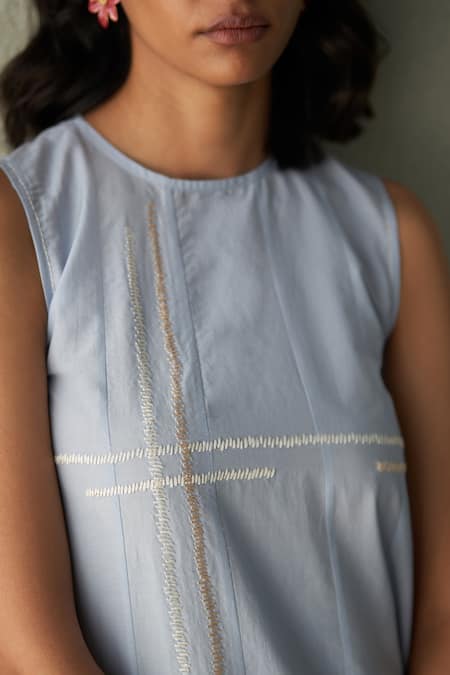 Shop_Febo6_Sky Blue Cotton, Silk Embroidery Summer Asymmetric Kantha Stitch Midi Dress _Online_at_Aza_Fashions