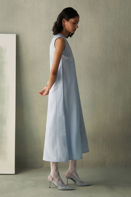 Febo6_Sky Blue Cotton, Silk Embroidery Summer Asymmetric Kantha Stitch Midi Dress _at_Aza_Fashions