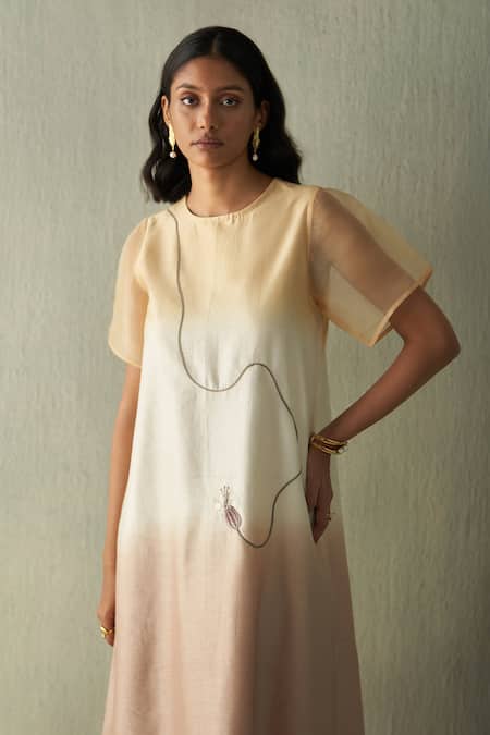 Shop Febo6 Off White Chanderi Embroidery Round Neck Summer Ombre Midi Dress Online at Aza Fashions Shop_Febo6_Off White Chanderi Embroidery Round Neck Summer Ombre Midi Dress _Online_at_Aza_Fashions