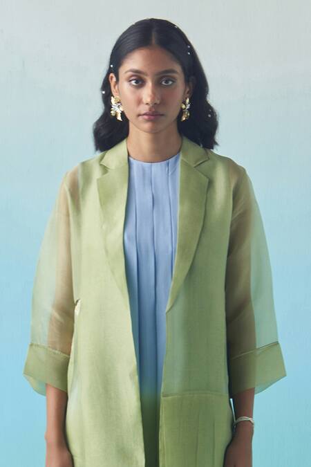 Shop_Febo6_Beige Silk Organza Embroidery V-neck Blossom Jacket _Online_at_Aza_Fashions