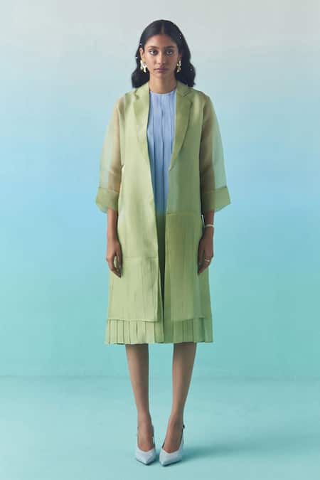 Febo6_Beige Silk Organza Embroidery V-neck Blossom Jacket _at_Aza_Fashions