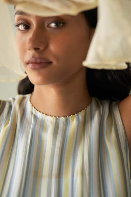 Shop Febo6 Multi Color Silk Embroidery Round Neck Sunrise Striped Midi Dress Online at Aza Fashions Shop_Febo6_Multi Color Silk Embroidery Round Neck Sunrise Striped Midi Dress _Online_at_Aza_Fashions