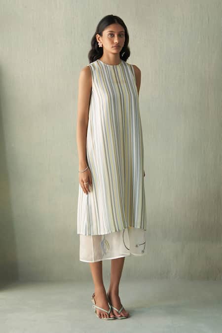 Febo6 Multi Color Silk Embroidery Round Neck Sunrise Striped Midi Dress at Aza Fashions Febo6_Multi Color Silk Embroidery Round Neck Sunrise Striped Midi Dress _at_Aza_Fashions