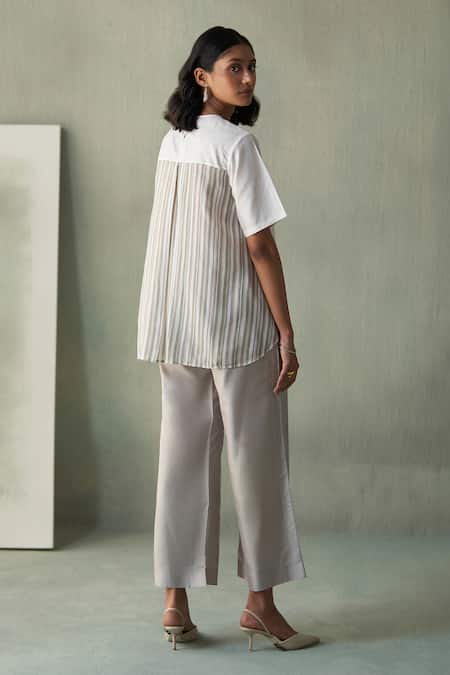 Shop Febo6 Off White Silk Embroidery Round , Keyhole Leaf And Twig Top at Aza Fashions Shop_Febo6_Off White Silk Embroidery Round , Keyhole Leaf And Twig Top _at_Aza_Fashions