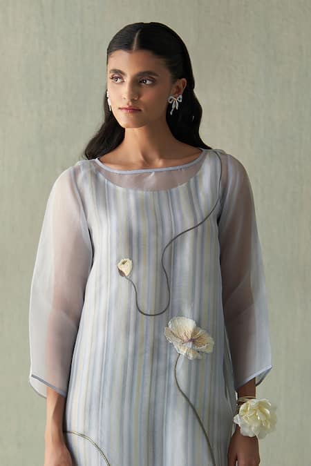 Buy_Febo6_Sky Blue , Organza Embroidery Round Sunrise Striped Tunic And Slip Dress _Online_at_Aza_Fashions