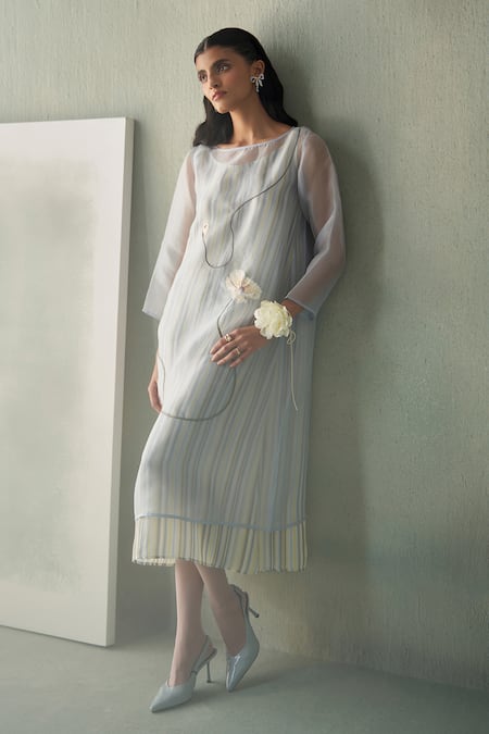 Febo6_Sky Blue , Organza Embroidery Round Sunrise Striped Tunic And Slip Dress _at_Aza_Fashions