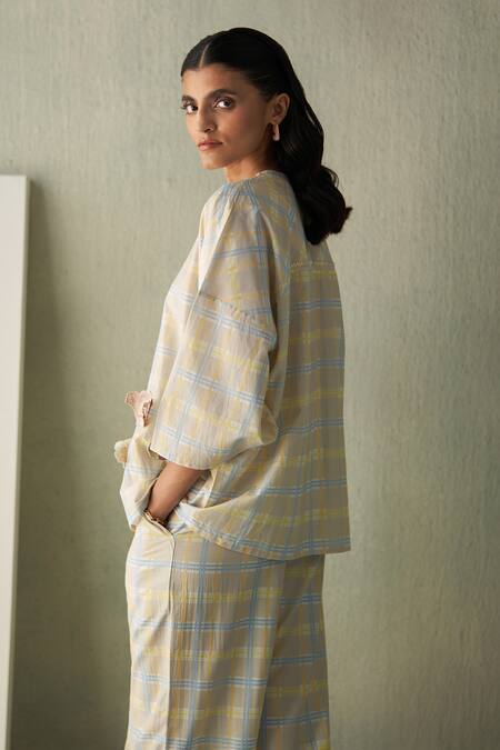 Buy_Febo6_Beige Cotton, Silk Embroidery, Applique Round Neck Popcorn Plaid Top _Online_at_Aza_Fashions