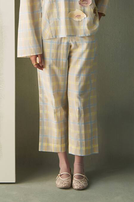Buy Febo6 Yellow Cotton, Silk Popcorn Checked Trouser Online at Aza Fashions Buy_Febo6_Yellow Cotton, Silk Popcorn Checked Trouser _Online_at_Aza_Fashions