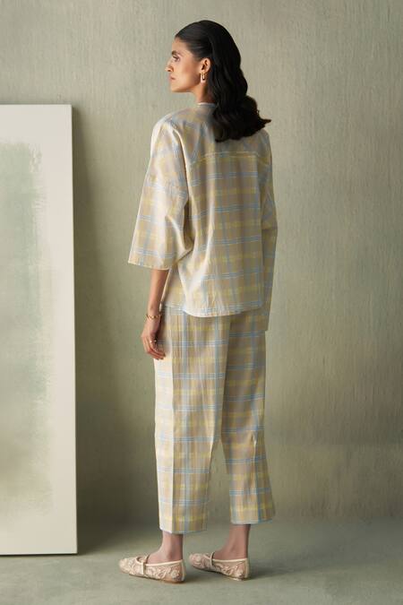 Shop Febo6 Yellow Cotton, Silk Popcorn Checked Trouser Online at Aza Fashions Shop_Febo6_Yellow Cotton, Silk Popcorn Checked Trouser _Online_at_Aza_Fashions