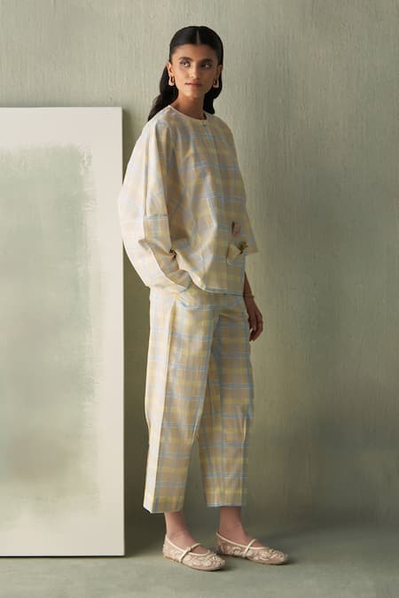 Febo6 Yellow Cotton, Silk Popcorn Checked Trouser at Aza Fashions Febo6_Yellow Cotton, Silk Popcorn Checked Trouser _at_Aza_Fashions