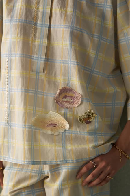 Febo6_Yellow , Silk, Satin Popcorn Plaid Poppies Top And Trouser Set _at_Aza_Fashions