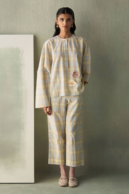 Buy_Febo6_Yellow , Silk, Satin Popcorn Plaid Poppies Top And Trouser Set 