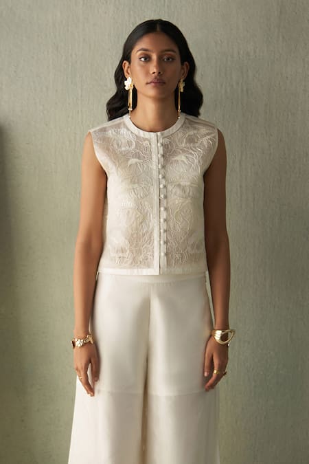 Buy_Febo6_Off White Organza, Satin Sequins, Embroidery, Pearls Collared Foliage Jacket _Online_at_Aza_Fashions