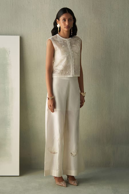 Shop_Febo6_Off White Organza, Satin Sequins, Embroidery, Pearls Collared Foliage Jacket _Online_at_Aza_Fashions