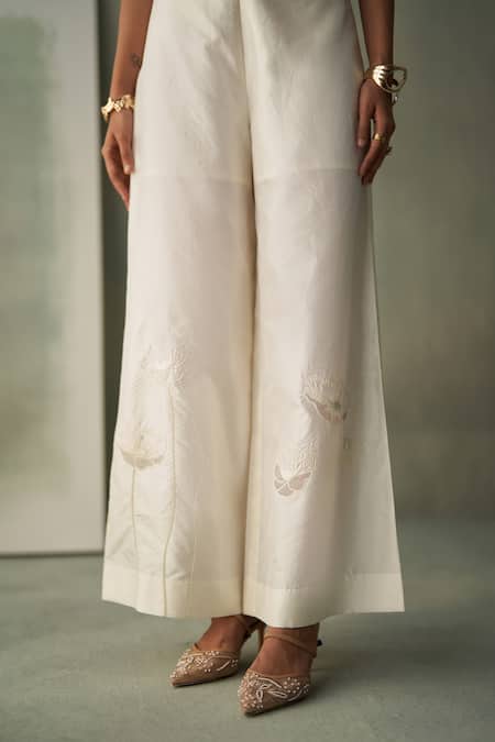 Buy_Febo6_Off White Silk Applique, Sequins, Metallic Thread, Foliage Poppies Trouser _Online_at_Aza_Fashions