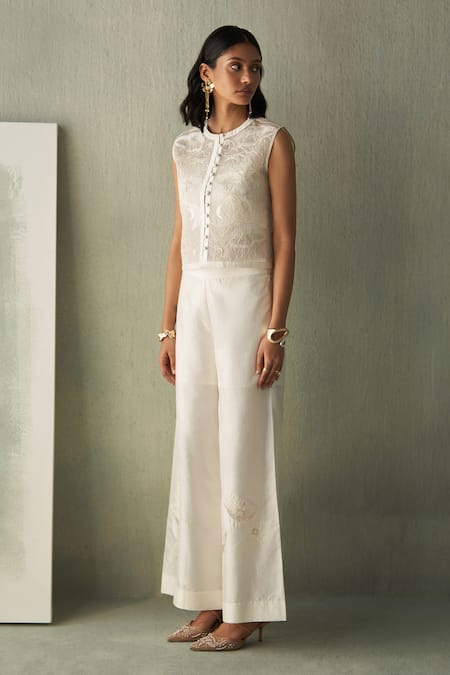 Shop_Febo6_Off White Silk Applique, Sequins, Metallic Thread, Foliage Poppies Trouser _Online_at_Aza_Fashions