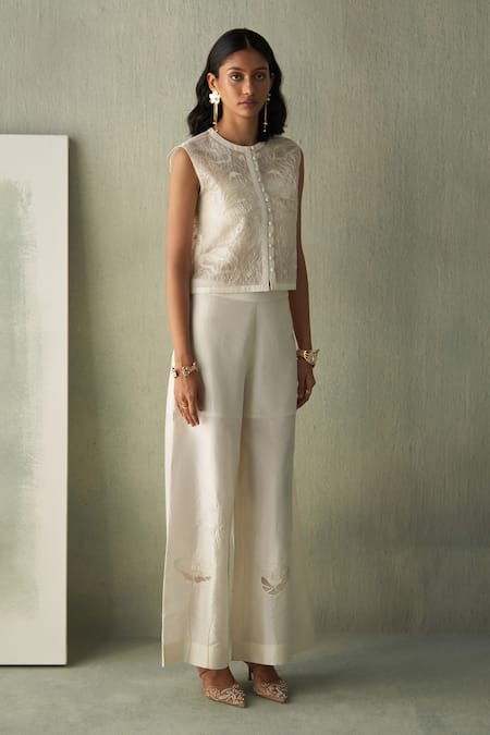 Febo6_Off White Silk Applique, Sequins, Metallic Thread, Foliage Poppies Trouser _at_Aza_Fashions
