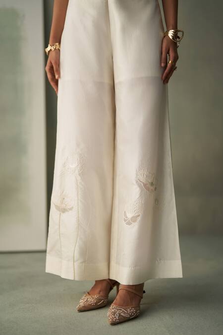 Buy_Febo6_Off White Organza, Satin, Silk Sequins, Foliage Poppies Jacket And Trouser Set _Online_at_Aza_Fashions