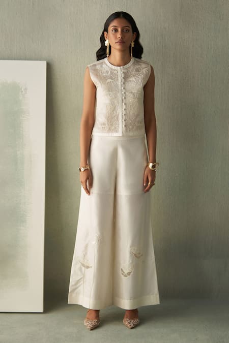 Shop_Febo6_Off White Organza, Satin, Silk Sequins, Foliage Poppies Jacket And Trouser Set _Online_at_Aza_Fashions