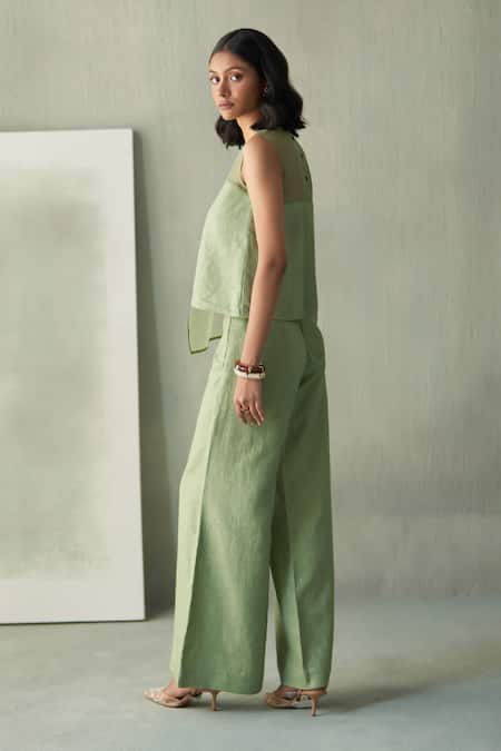 Buy Febo6 Green Linen Embroidery, Beads Round Neck Desert Eucalyptus Blouse Online at Aza Fashions Buy_Febo6_Green Linen Embroidery, Beads Round Neck Desert Eucalyptus Blouse _Online_at_Aza_Fashions