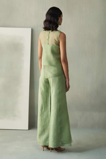 Buy Febo6 Green Linen Desert Flared Trouser Online at Aza Fashions Buy_Febo6_Green Linen Desert Flared Trouser _Online_at_Aza_Fashions
