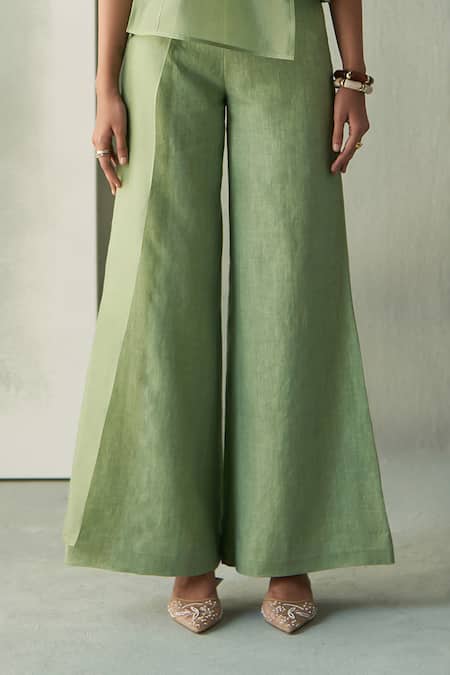 Buy_Febo6_Green Linen Embroidery, Beads Round Desert Eucalyptus Pod Top And Trouser Set 