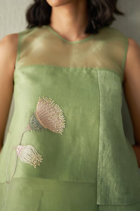 Shop_Febo6_Green Linen Embroidery, Beads Round Desert Eucalyptus Pod Top And Trouser Set 