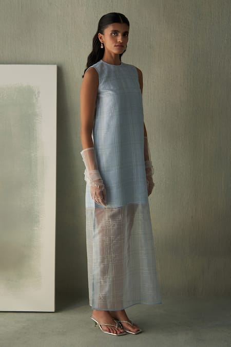 Buy_Febo6_Sky Blue Silk Organza Round Neck Sleeveless Maxi Dress _Online_at_Aza_Fashions
