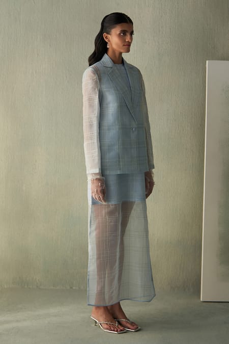 Shop_Febo6_Sky Blue Silk Organza Embroidery Collared Asymmetric Kantha Stitch Jacket _Online_at_Aza_Fashions