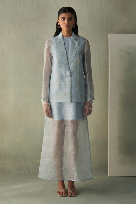 Febo6_Sky Blue Silk Organza Embroidery Collared Asymmetric Kantha Stitch Jacket _at_Aza_Fashions