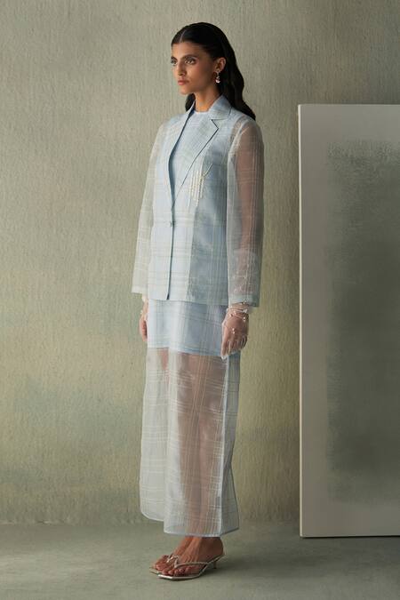 Buy_Febo6_Sky Blue Silk Organza Embroidery Collared Asymmetric Kantha Stitch Jacket 