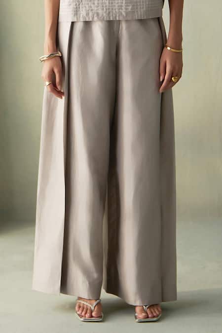 Buy_Febo6_Gray Silk Steel Pleated Trouser _Online_at_Aza_Fashions
