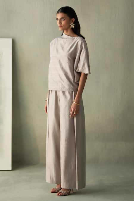 Febo6_Gray Silk Steel Pleated Trouser _at_Aza_Fashions