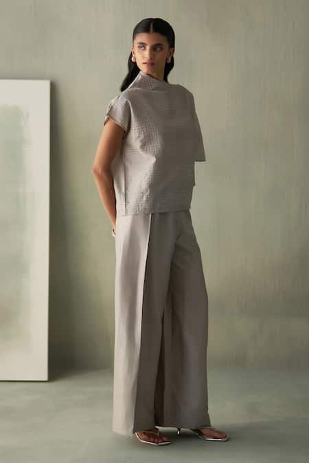 Shop Febo6 Gray Silk Embroidery High Neck Steel Grid Top And Wide-leg Trouser Set Online at Aza Fashions Shop_Febo6_Gray Silk Embroidery High Neck Steel Grid Top And Wide-leg Trouser Set _Online_at_Aza_Fashions