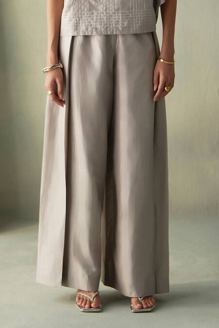 Buy Febo6 Gray Silk Embroidery High Neck Steel Grid Top And Wide-leg Trouser Set Buy_Febo6_Gray Silk Embroidery High Neck Steel Grid Top And Wide-leg Trouser Set