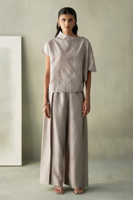 Shop Febo6 Gray Silk Embroidery High Neck Steel Grid Top And Wide-leg Trouser Set Shop_Febo6_Gray Silk Embroidery High Neck Steel Grid Top And Wide-leg Trouser Set