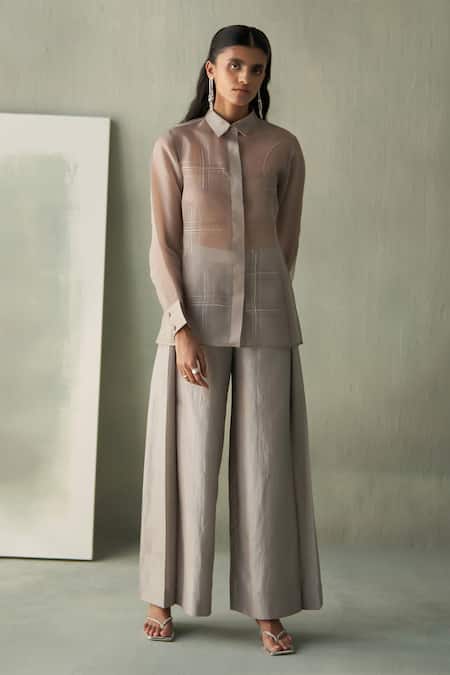 Buy_Febo6_Gray Silk Organza Embroidery Collared, Scoop Neck Linear Top And Bustier Set _Online_at_Aza_Fashions