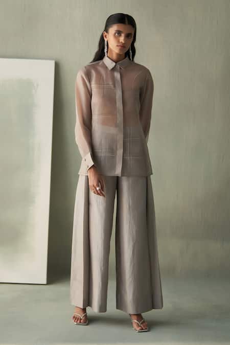 Shop_Febo6_Gray Silk Organza Embroidery Collared, Scoop Neck Linear Top And Bustier Set _Online_at_Aza_Fashions