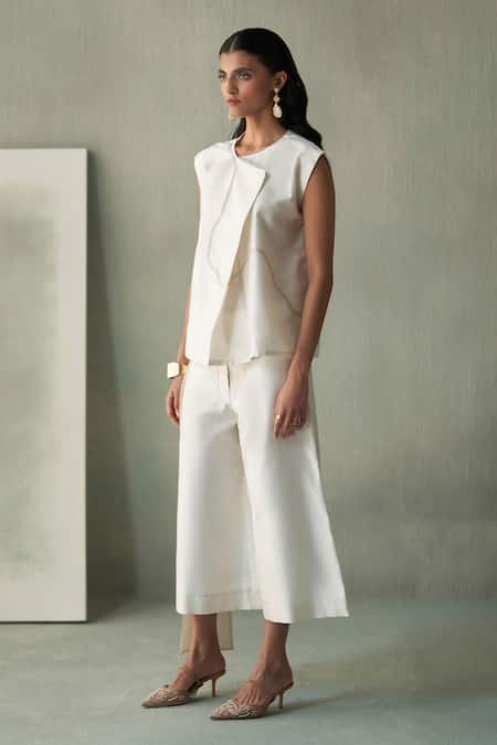 Shop_Febo6_Off White Chanderi Embroidery Round Neck Abstract Line Top And Culottes Set _Online_at_Aza_Fashions