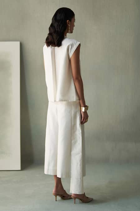 Febo6_Off White Chanderi Embroidery Round Neck Abstract Line Top And Culottes Set _at_Aza_Fashions