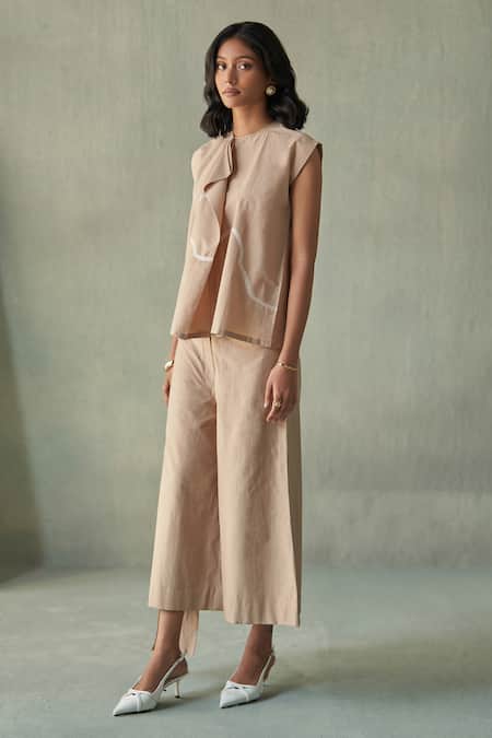 Febo6_Beige Cotton, Silk Embroidery Round Ruffled Abstract Hand Top And Culottes Set _Online_at_Aza_Fashions