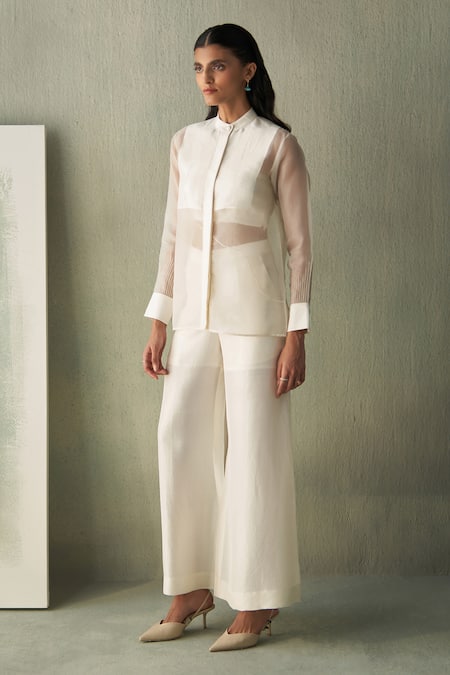 Buy Febo6 Off White Organza, Embroidery Tranquilfrench Knot Shirt And Trouser Set Buy_Febo6_Off White Organza, Embroidery Tranquilfrench Knot Shirt And Trouser Set