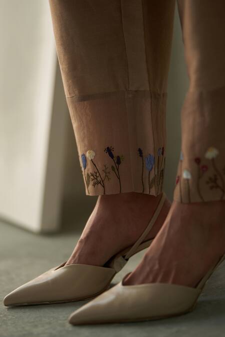 Buy_Febo6_Beige Silk Organza, Chanderi Embroidery Round Garden Floral Kurta With Trouser _Online_at_Aza_Fashions