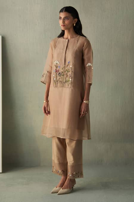 Febo6_Beige Silk Organza, Chanderi Embroidery Round Garden Floral Kurta With Trouser _at_Aza_Fashions