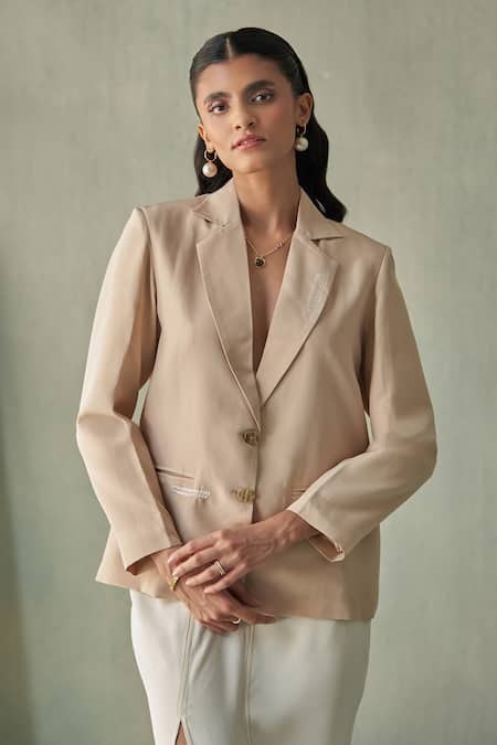 Febo6 Beige Crepe, Silk Embroidery V-neck Hand Kanth Stitch Jacket Online at Aza Fashions Febo6_Beige Crepe, Silk Embroidery V-neck Hand Kanth Stitch Jacket _Online_at_Aza_Fashions