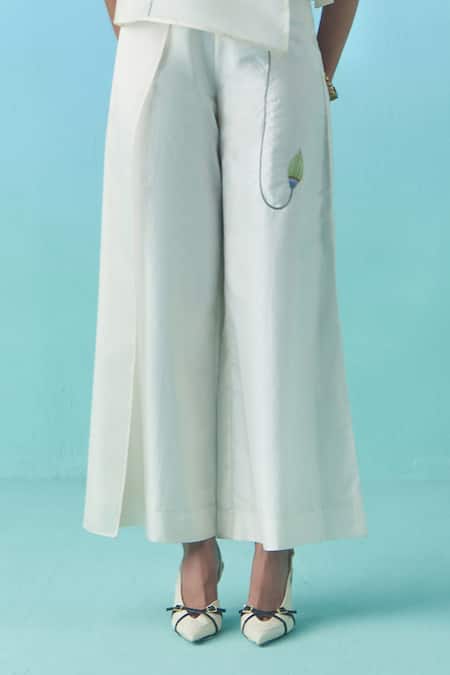 Shop_Febo6_Off White Silk, Organza Embroidery Bandeau Hand Floral Tube Top And Trouser Set _Online_at_Aza_Fashions