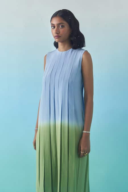 Febo6_Sky Blue Silk, Crepe Round Neck Ombre Pleated Midi Dress _Online_at_Aza_Fashions