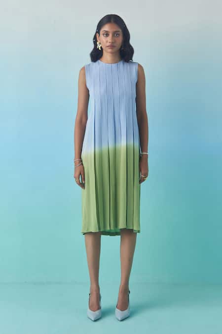 Buy_Febo6_Sky Blue Silk, Crepe Round Neck Ombre Pleated Midi Dress _Online_at_Aza_Fashions