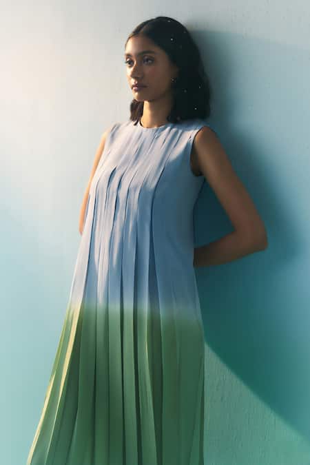 Shop_Febo6_Sky Blue Silk, Crepe Round Neck Ombre Pleated Midi Dress _Online_at_Aza_Fashions