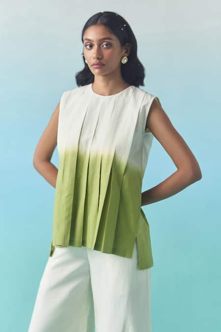 Febo6_Ivory Cotton, Silk Round Neck Ombre Pleated Top And Wide Leg Trouser Set _Online_at_Aza_Fashions